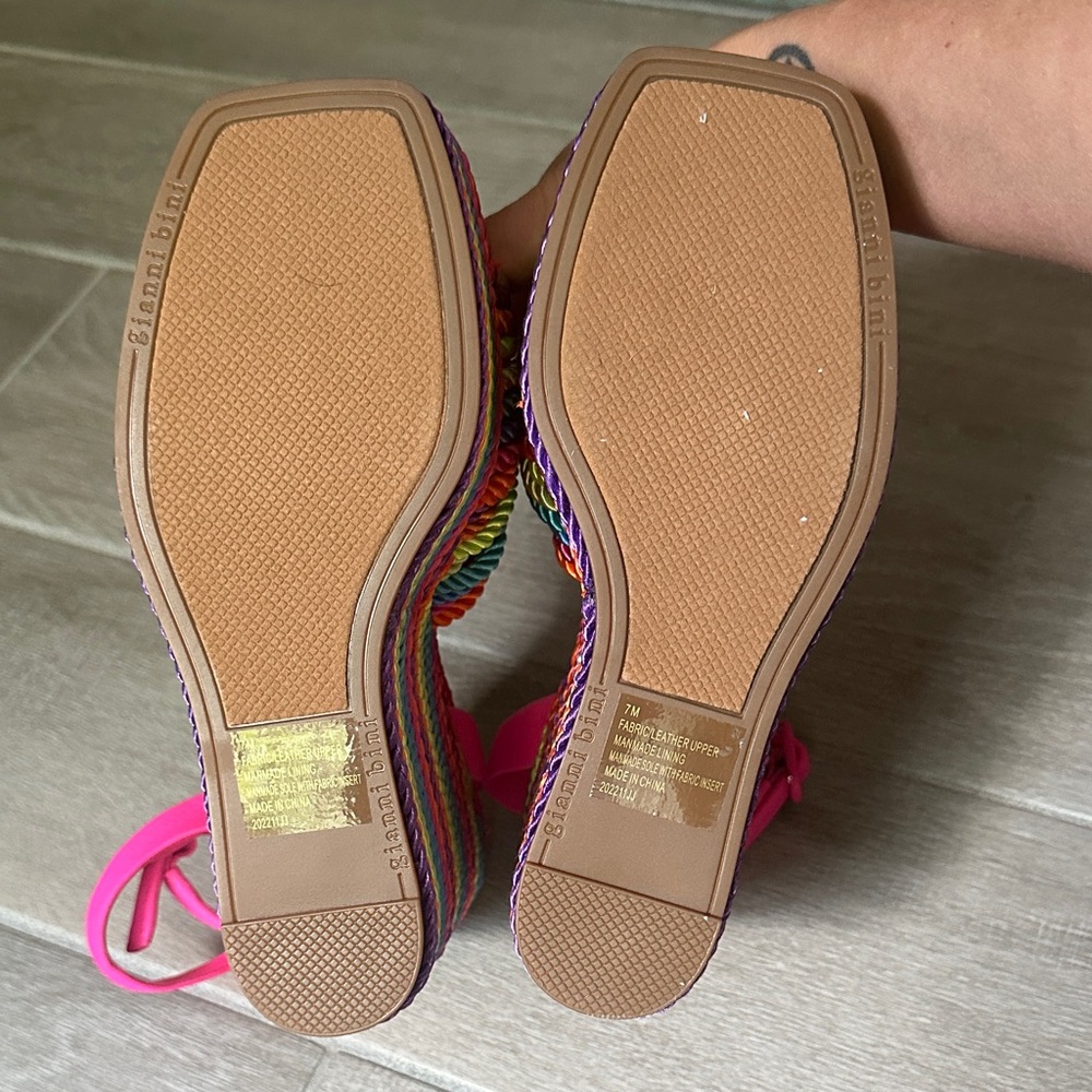 Gianni Bini Rainbow Rope Wedge Sandals with Hot Pink Straps - Picture 2 of 3